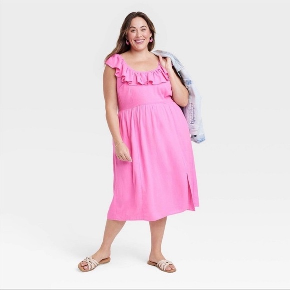 AVA & VIV PINK LINEN RUFFLE EMPIRE WAIST SLEEVELESS MIDI DRESS SIZE 2X PLUS - Picture 3 of 12